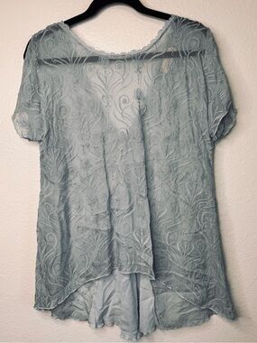 Johnny Was Love Liberty Light Blue Embroidered Silk Sheer Top Blouse OVERSIZED S